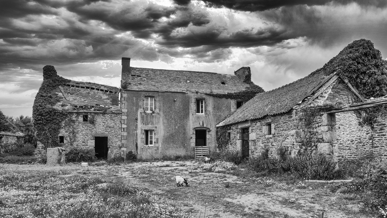 Explorez la beauté brute d'une ferme traditionnelle en noir et blanc pour une expérience visuelle authentique des alentours.